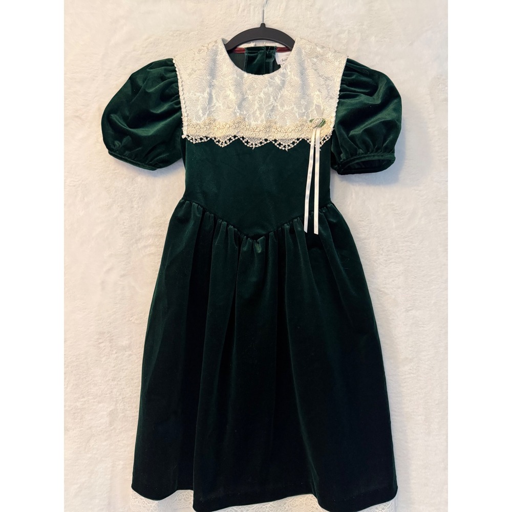Bonnie Jean Girls Vintage Green Velvet Lace Dress Size 7 Holiday Party Christmas